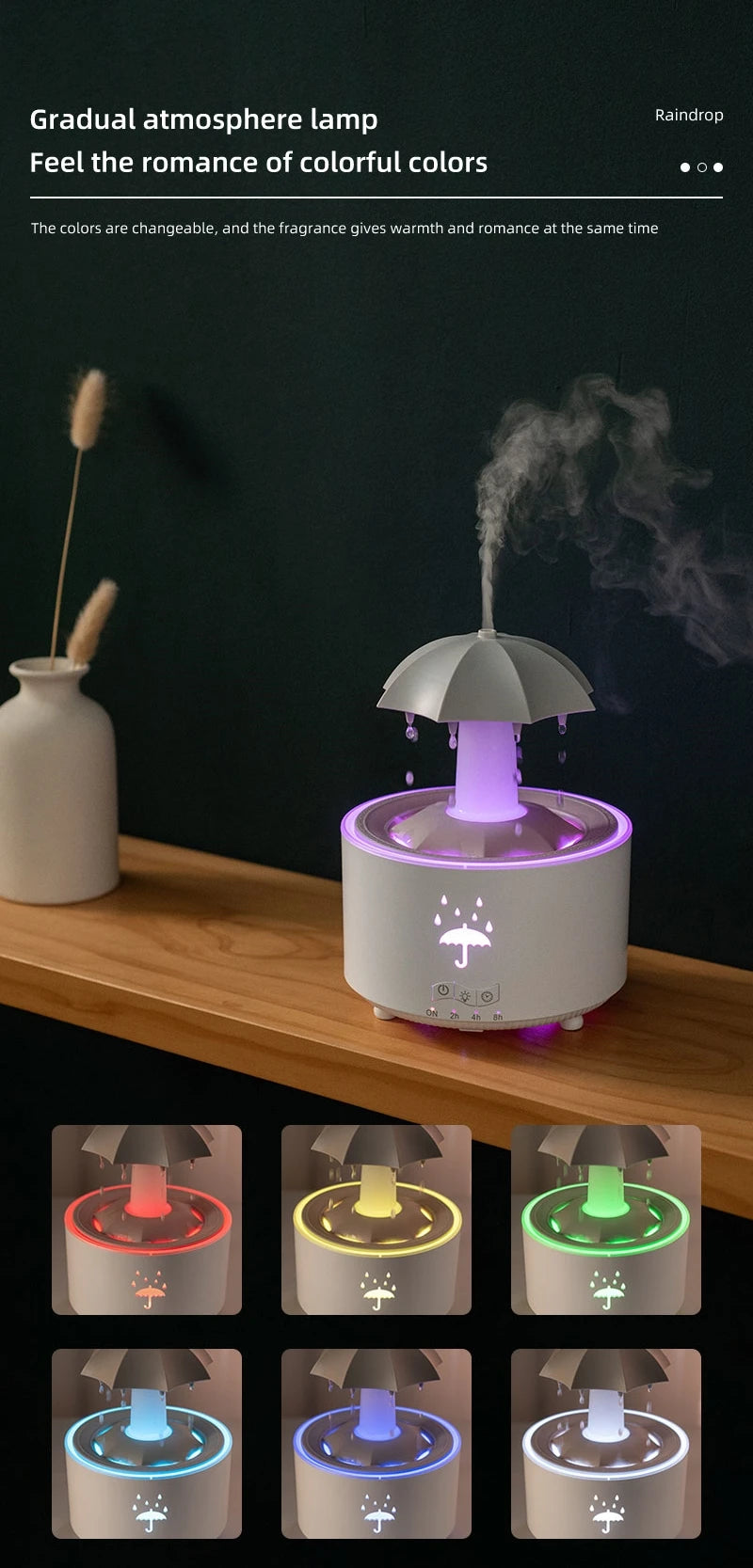 Room Umbrella Shape Aromatherapy Humidifiers 300ml Ultrasonic Rotating Water Rain Drop Aroma Diffuser With Remote