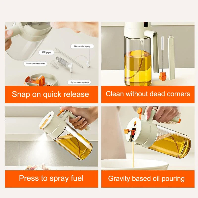 2-in-1 Oil Spray Bottle 470/650ml Large Capacity Leakproof Glass Oiler with Pour Spout Multifunctional Kitchen Cooking Accessory