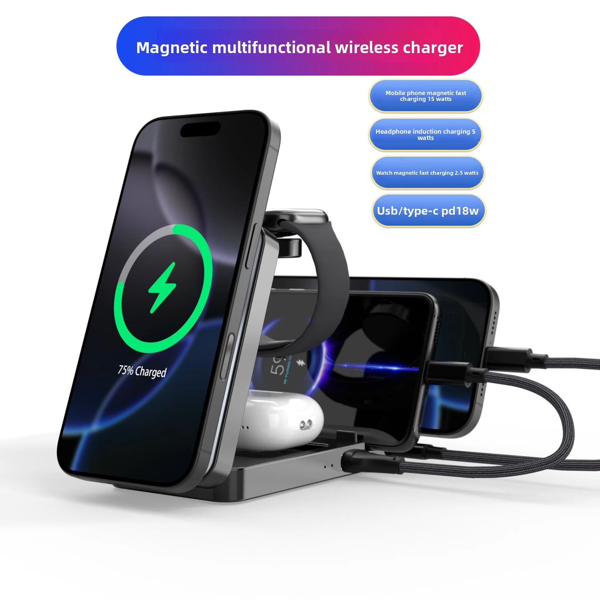 Multifunctional Foldable 5-In-1 Phone Watch Earphone Magnetic