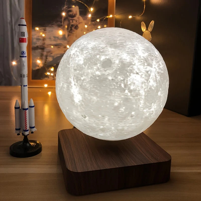 3D Levitating Moon LED Night Light Magnetic Floating Table Lamp with Wooden Base Multi-Color Temperature Settings Creative Gift