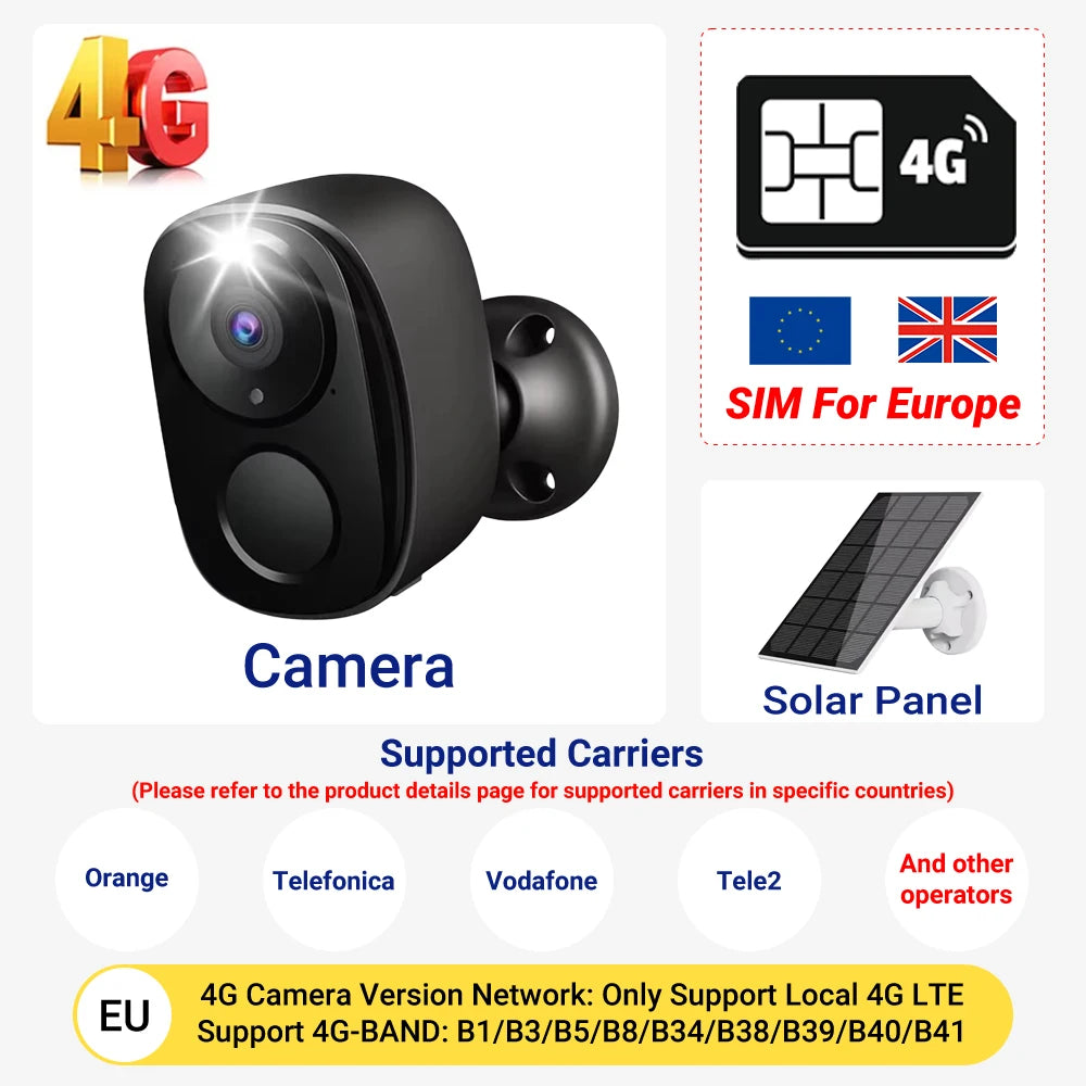 5MP 4G Solar Security Camera 2K HD Wireless Outdoor Color Night Vision Battery Powered Support PIR Waterproof Two-Way Audio