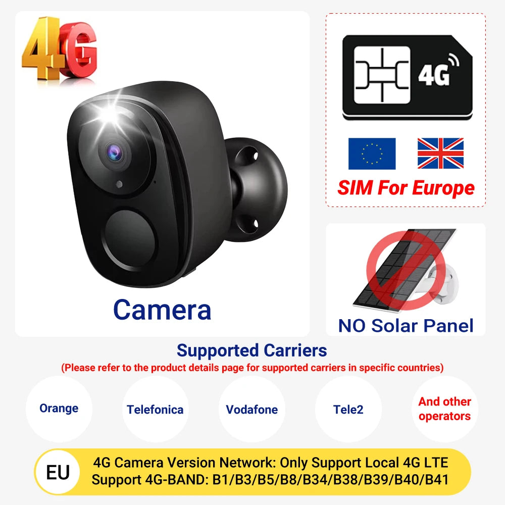 5MP 4G Solar Security Camera 2K HD Wireless Outdoor Color Night Vision Battery Powered Support PIR Waterproof Two-Way Audio