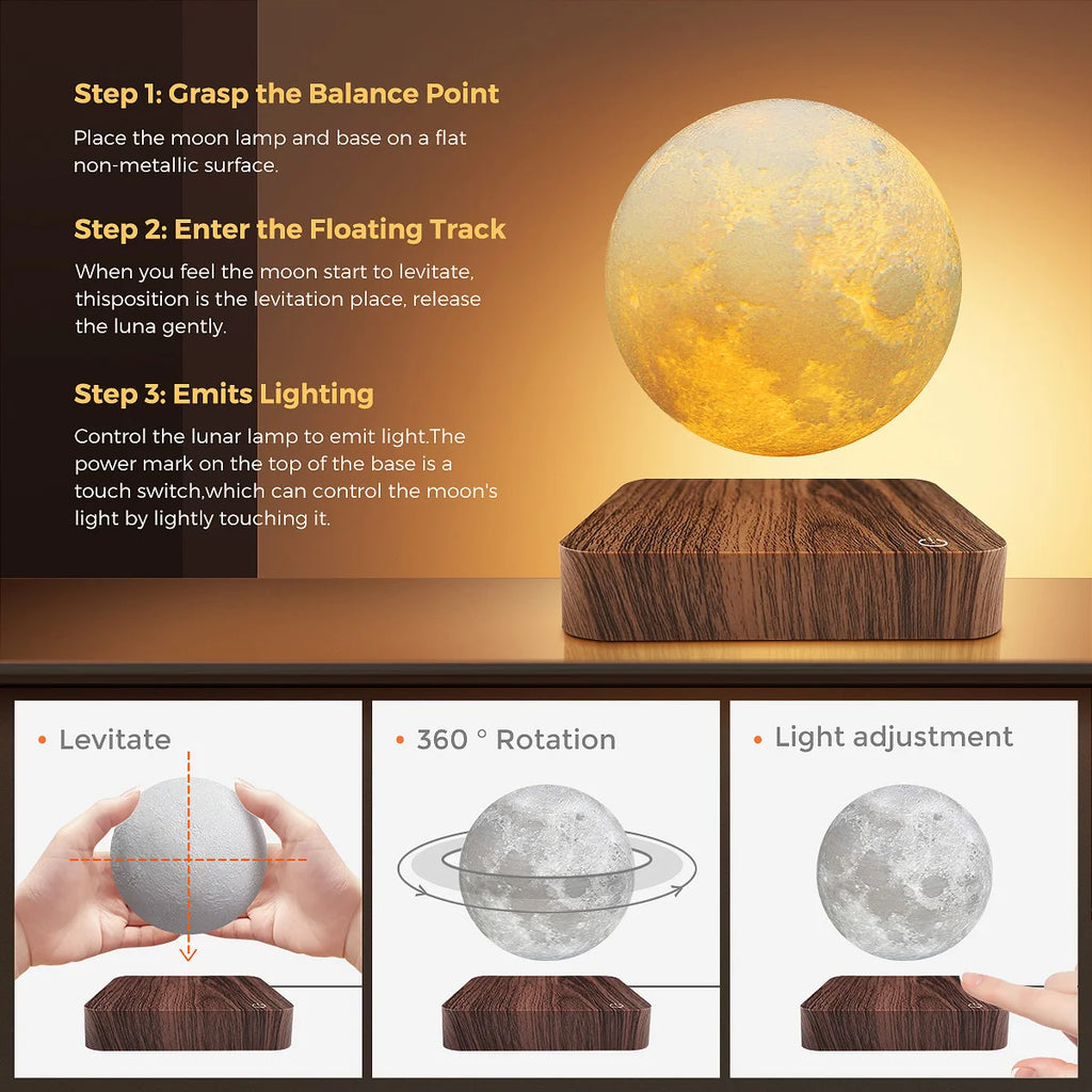 3D Levitating Moon LED Night Light Magnetic Floating Table Lamp with Wooden Base Multi-Color Temperature Settings Creative Gift