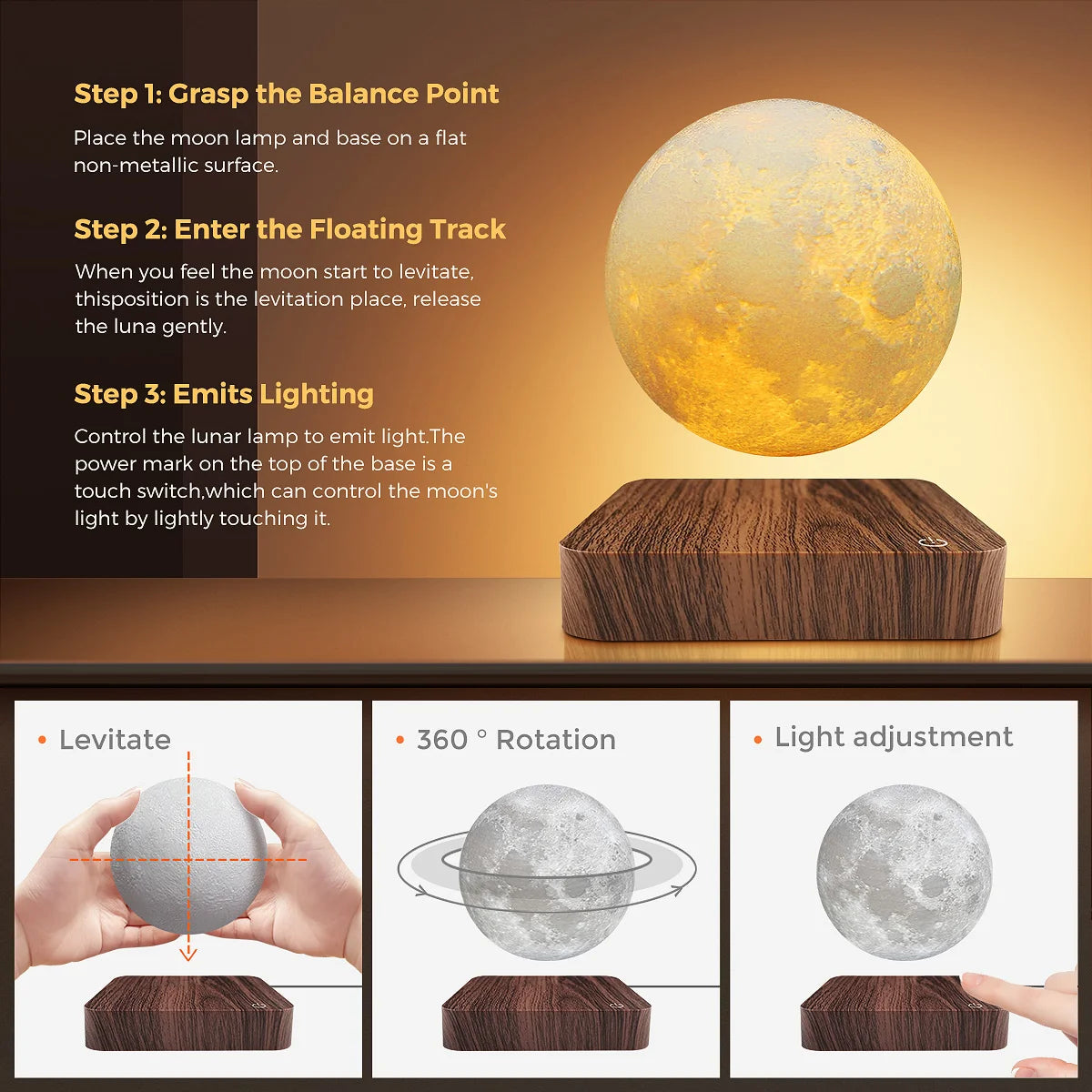 3D Levitating Moon LED Night Light Magnetic Floating Table Lamp with Wooden Base Multi-Color Temperature Settings Creative Gift