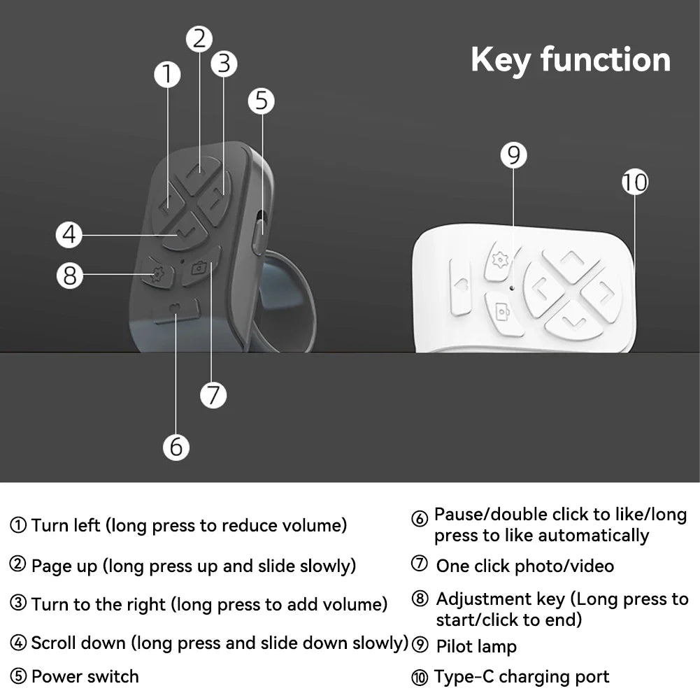 Bluetooth Remote Control 7 Buttons Scrolling Finger Phone Video Control Selfie Stick Automatic Page Fingertip Camera Controller