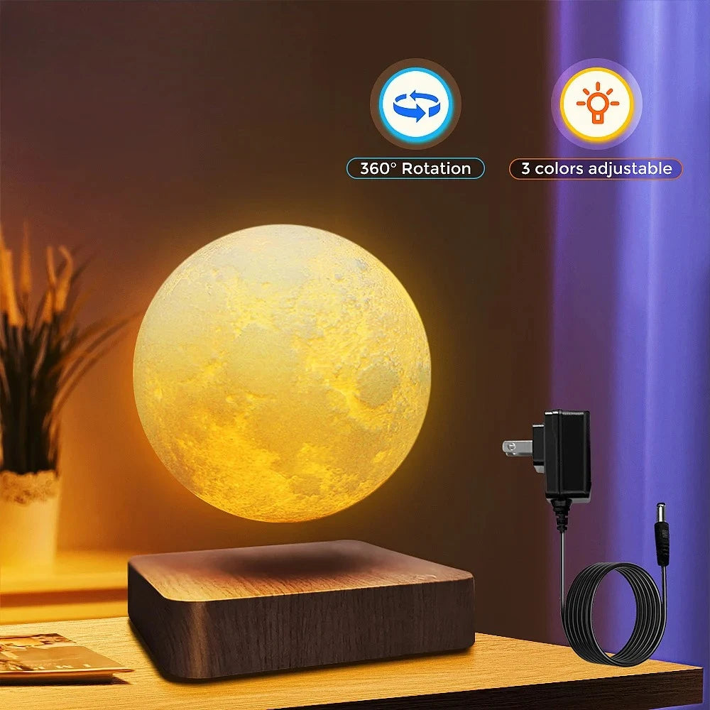 3D Levitating Moon LED Night Light Magnetic Floating Table Lamp with Wooden Base Multi-Color Temperature Settings Creative Gift
