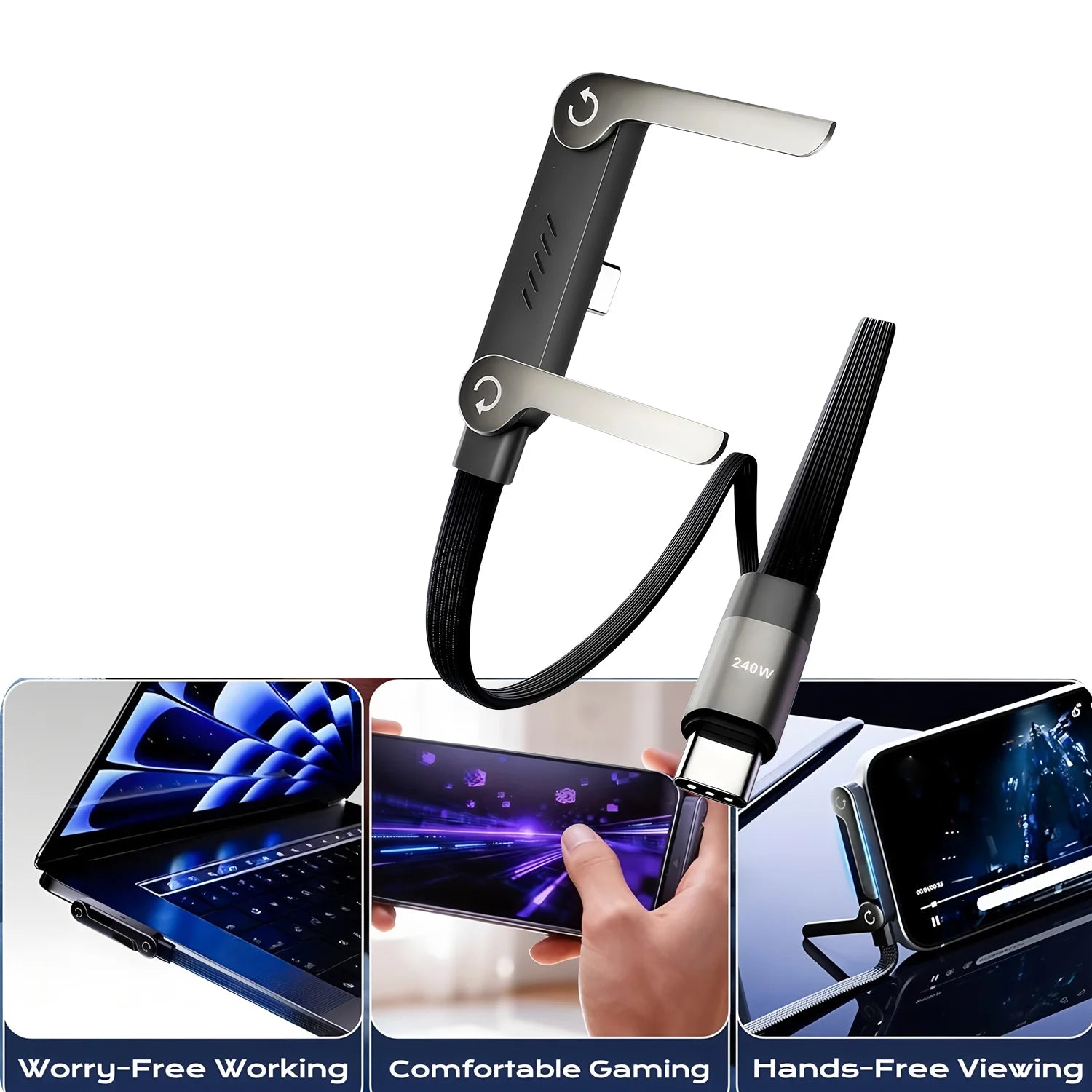 2-in-1 Holder Charger Cable – 240W Fast Charging Cord with Built-In Phone Stand USB Type C to USB-C Cable PD Cable Phone Holder