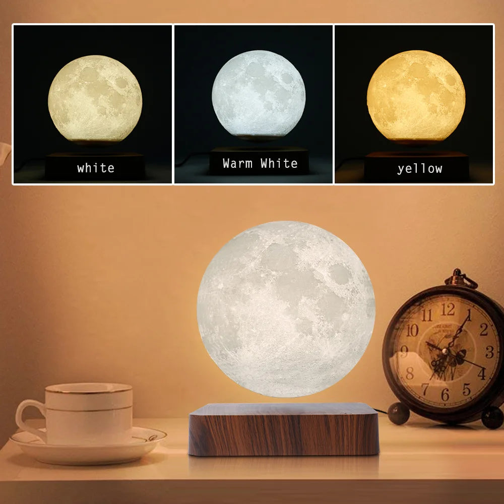 Levitating Moon Magnetic Floating Night Light Creative Table 3D Printed LED Lamp with Wooden Base Night Light Magnetic Moonlight