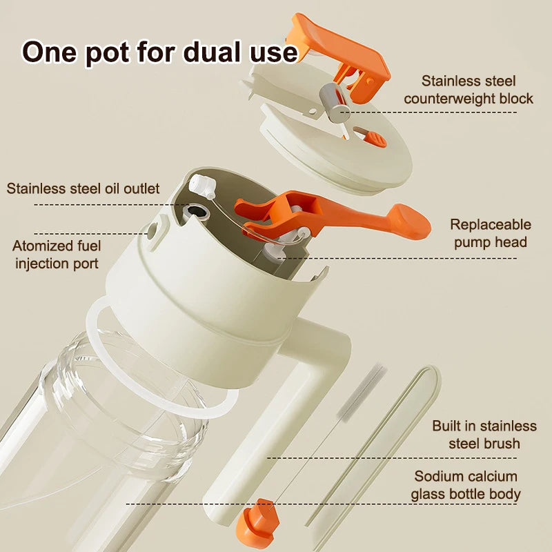 2-in-1 Oil Spray Bottle 470/650ml Large Capacity Leakproof Glass Oiler with Pour Spout Multifunctional Kitchen Cooking Accessory