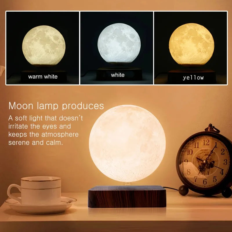 3D Levitating Moon LED Night Light Magnetic Floating Table Lamp with Wooden Base Multi-Color Temperature Settings Creative Gift