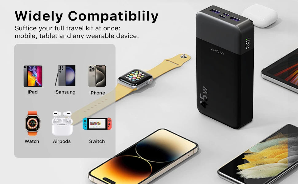 JUOVI Powerbank 20000mAh 45W Fast Charge Power Bank, Super Fast Charging Portable Charger with LED Display for iPhone 17 16 15