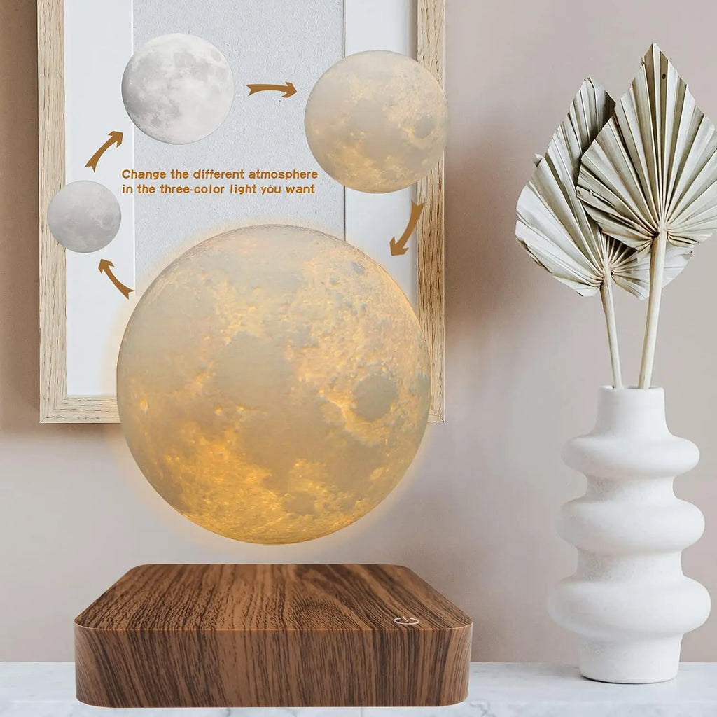 3D Levitating Moon LED Night Light Magnetic Floating Table Lamp with Wooden Base Multi-Color Temperature Settings Creative Gift