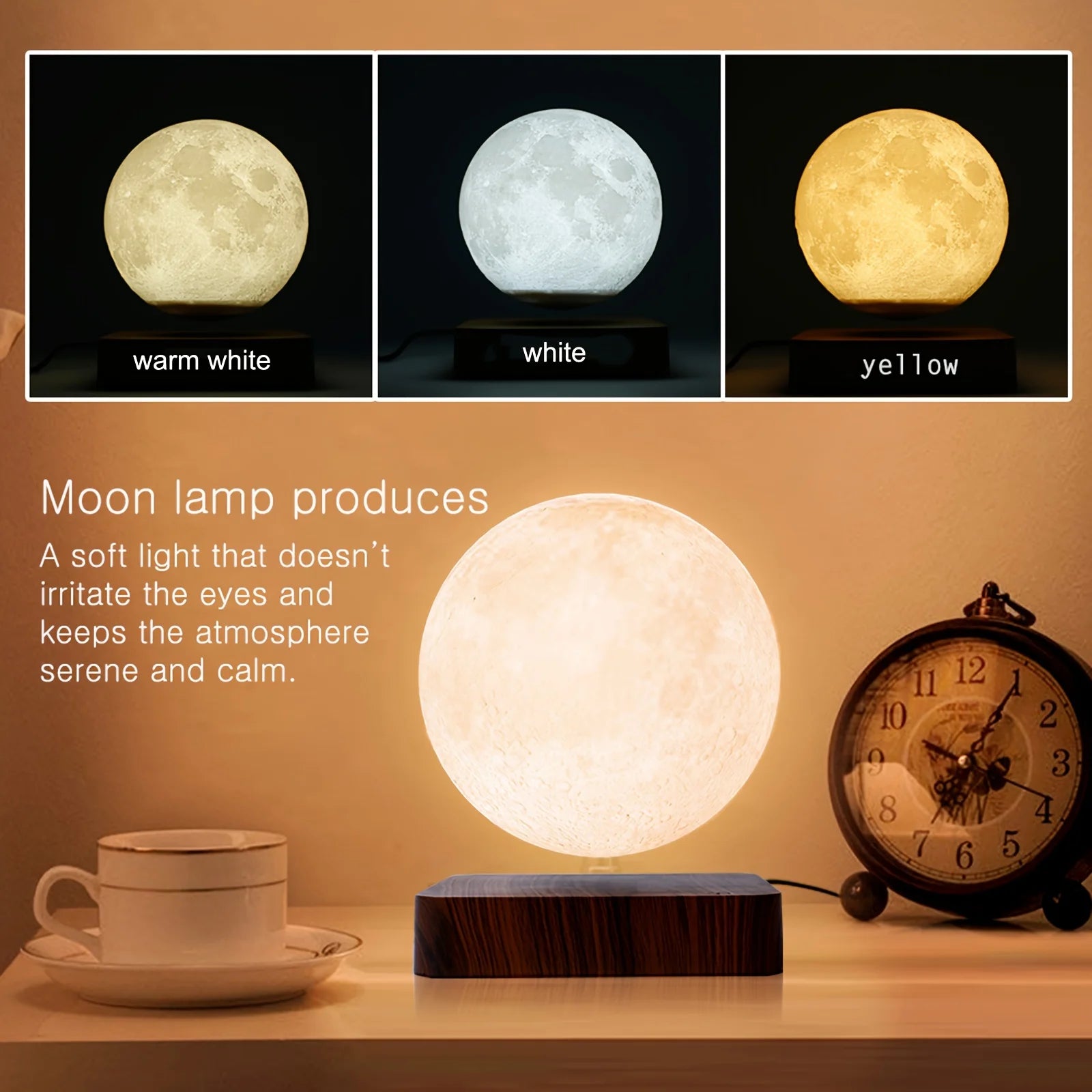 3D Levitating Moon LED Night Light Magnetic Floating Table Lamp with Wooden Base Multi-Color Temperature Settings Creative Gift