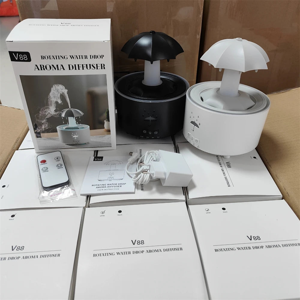 Room Umbrella Shape Aromatherapy Humidifiers 300ml Ultrasonic Rotating Water Rain Drop Aroma Diffuser With Remote