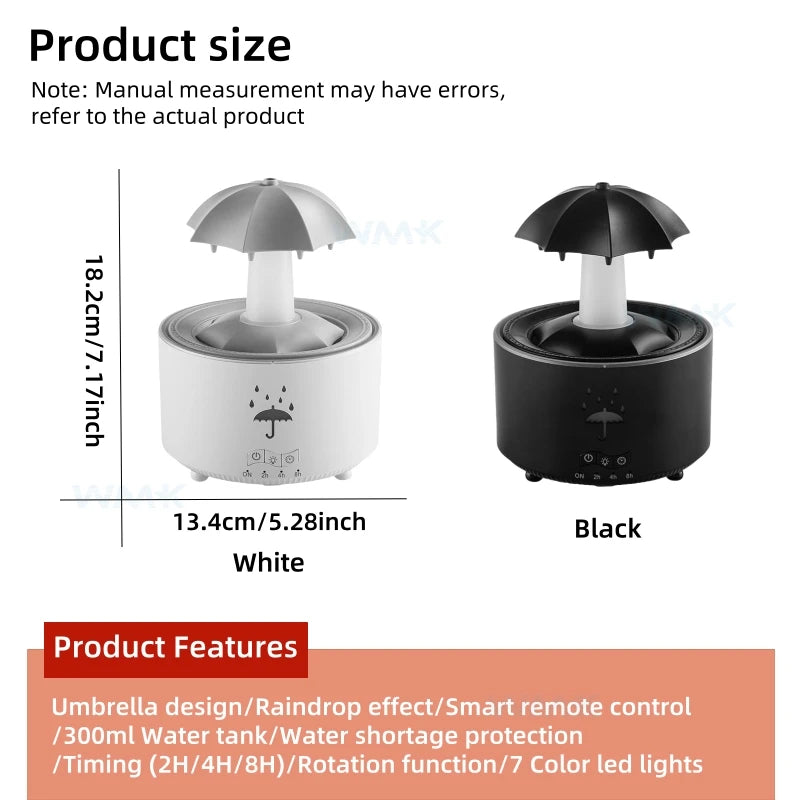Room Umbrella Shape Aromatherapy Humidifiers 300ml Ultrasonic Rotating Water Rain Drop Aroma Diffuser With Remote