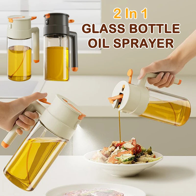 2-in-1 Oil Spray Bottle 470/650ml Large Capacity Leakproof Glass Oiler with Pour Spout Multifunctional Kitchen Cooking Accessory
