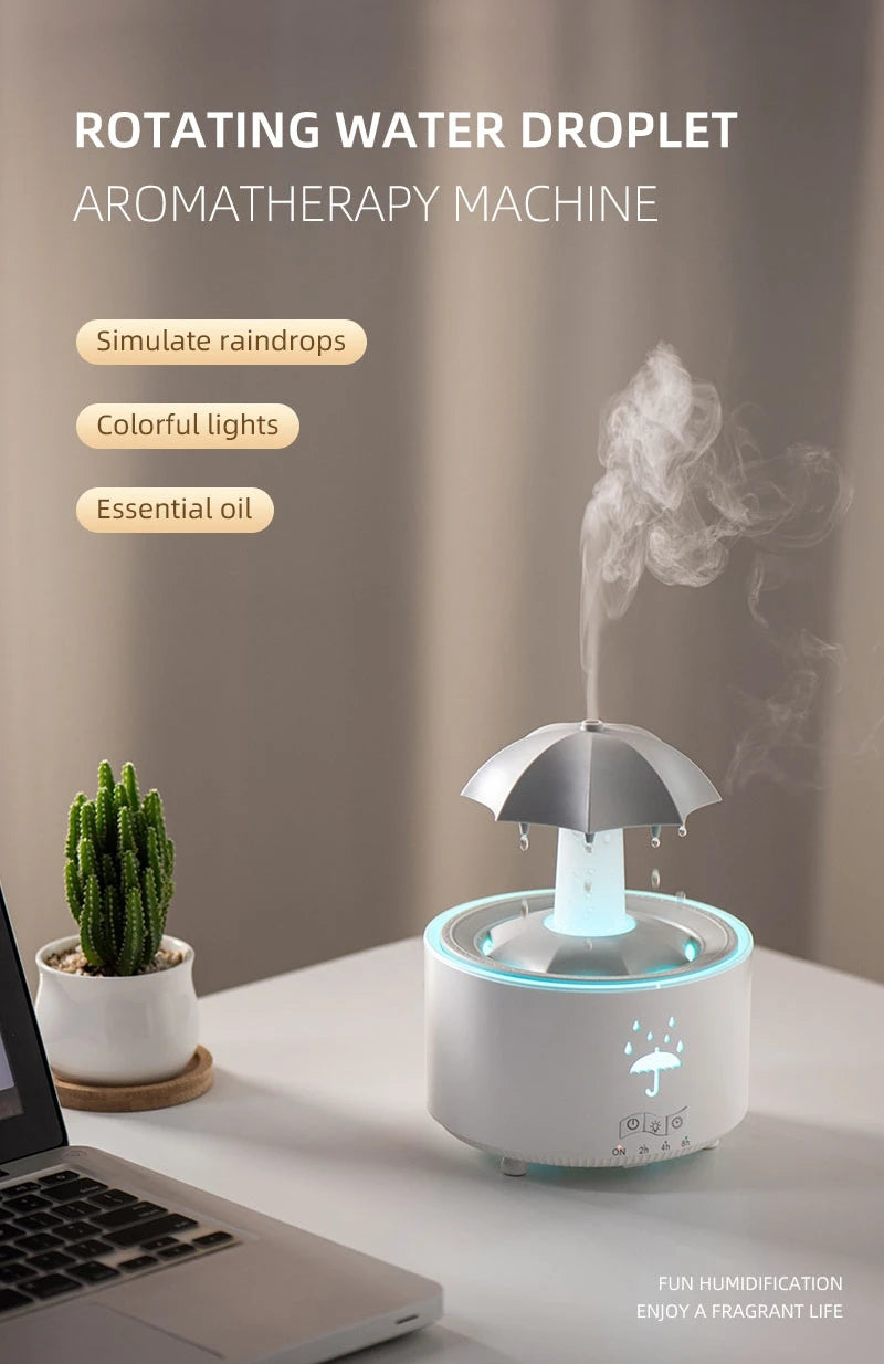 Room Umbrella Shape Aromatherapy Humidifiers 300ml Ultrasonic Rotating Water Rain Drop Aroma Diffuser With Remote