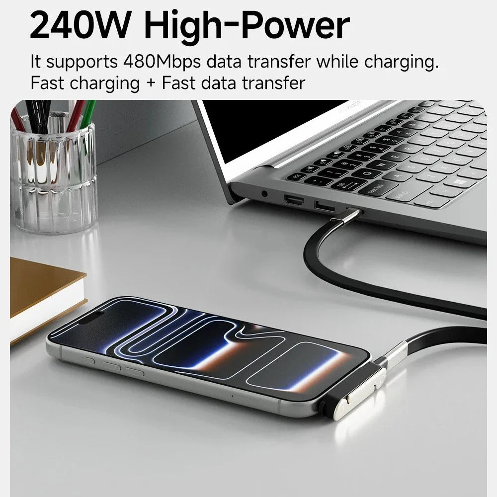 USB Type C Flat Charger Charging Cable C Kick Cable Stand With Invisible Support Foldable Phone Holder 240W Charge Wire Bracket